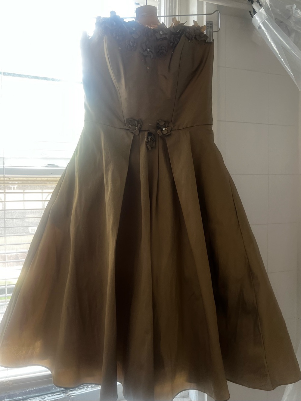 Angelina Faccenda Strapless Truffle Party Dress with Floral Appliqué